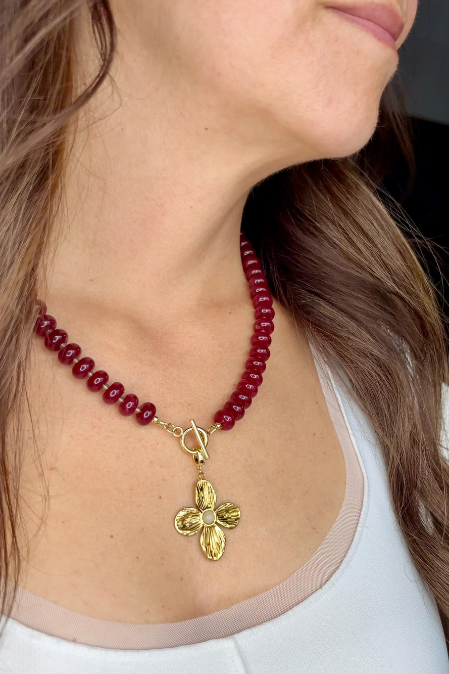Carmina – Red Jade Necklace with Removable Flower Pendant 22in - Picture 3 of 8